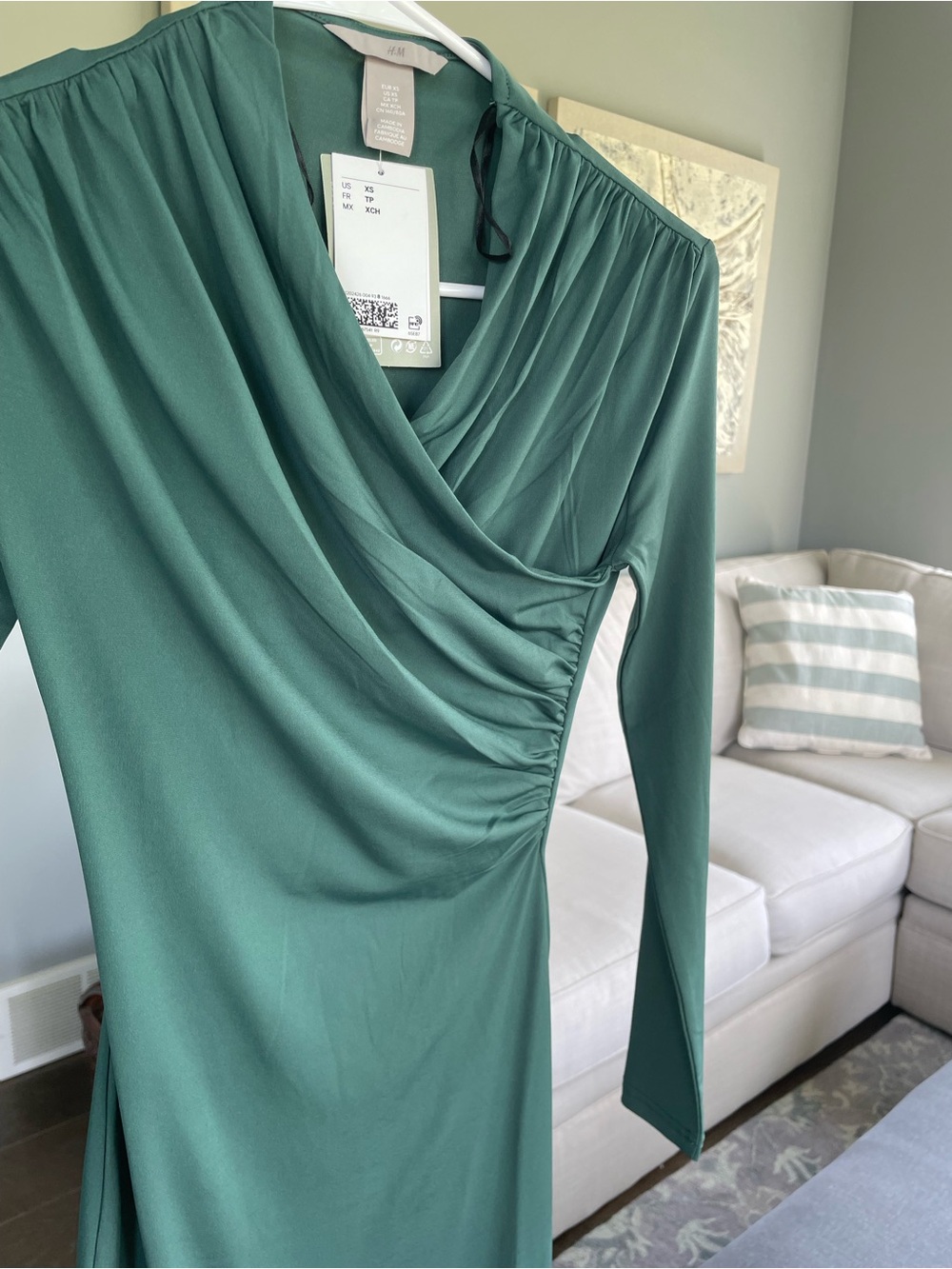 H&M Green Draped Bodycon Dress XS | Long Sleeve | Midi - Picture 10 of 11